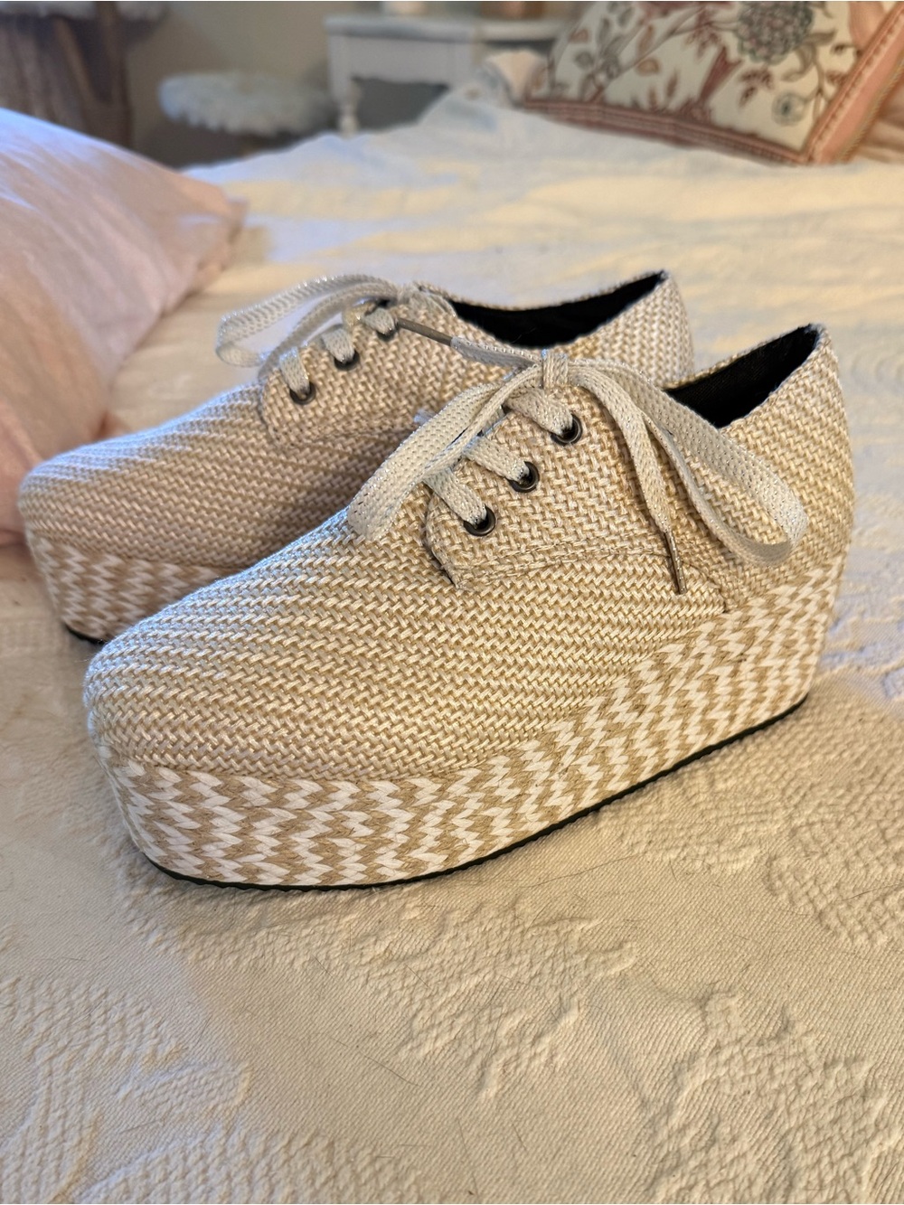 Neutral Woven Platform Lace-Up Shoes - Natural